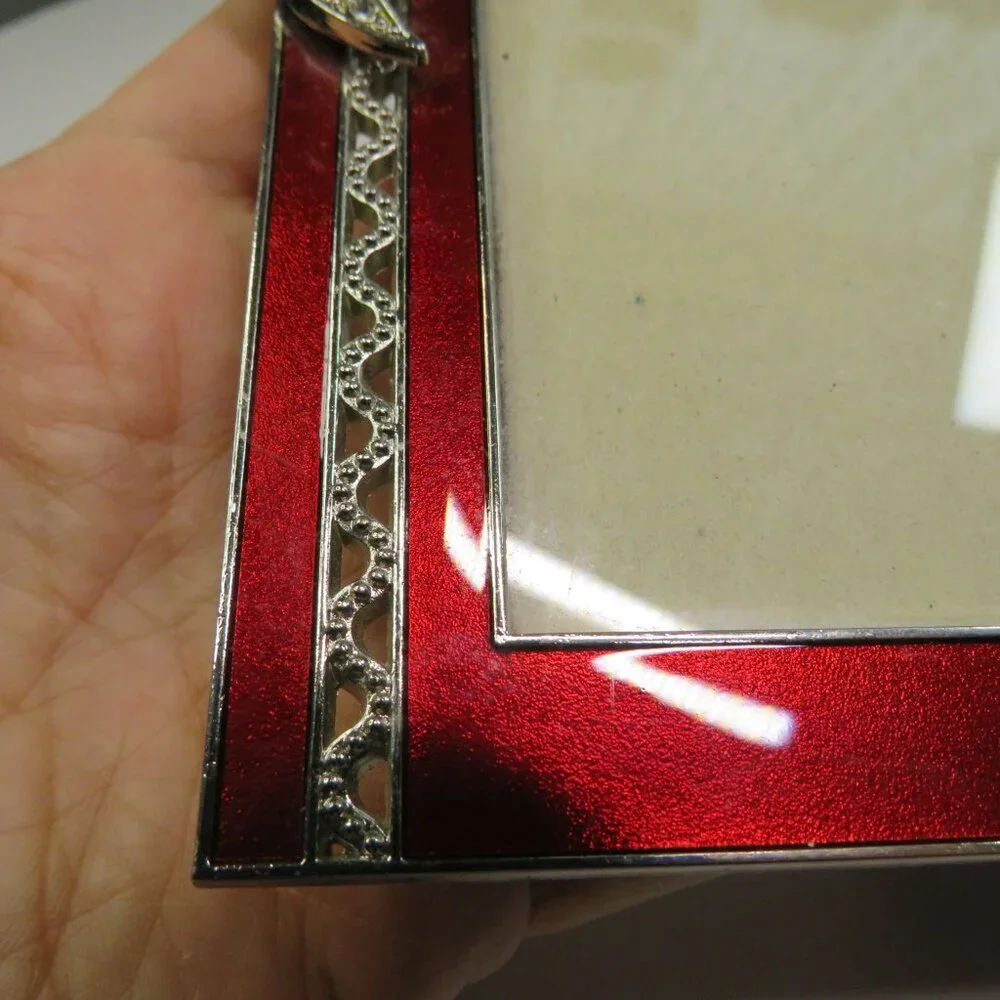 Red Enamel Metal w Rhinestone BOW Picture Frame w silver accents